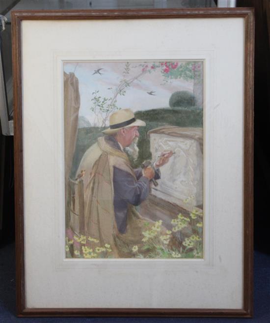 May Furniss (Mrs W. Shackleton) Exh.1898-1940 William Shackleton in his garden carving a sculpture 18.5 x 13in.